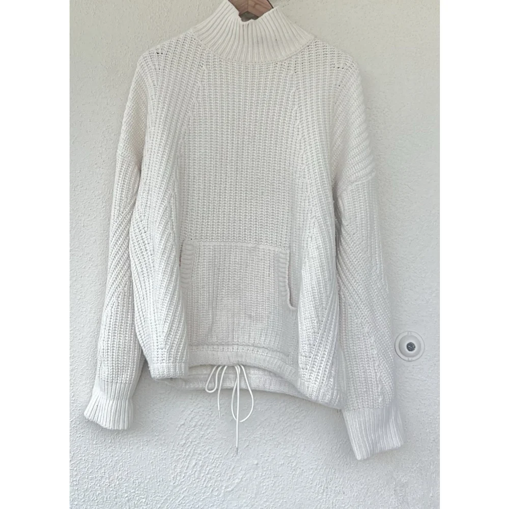 J Crew Front-Pocket Ivory Turtleneck Sweater Merino Wool Size XL Chunky Thick